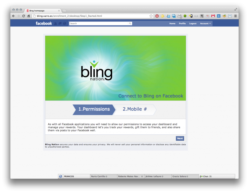 Página de captación en Facebook de Bling Nation, Inc.